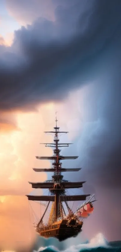 Majestic ship sailing beneath dramatic skies with blue and orange hues.