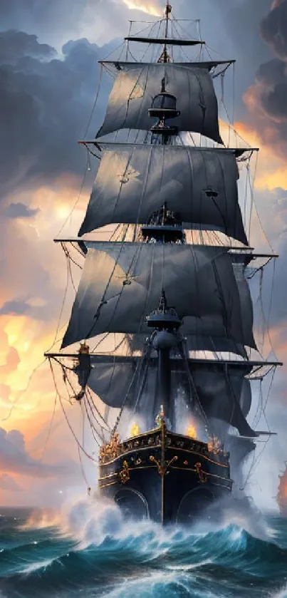 Majestic ship sails through stormy seas at dawn, creating a dramatic wallpaper scene.