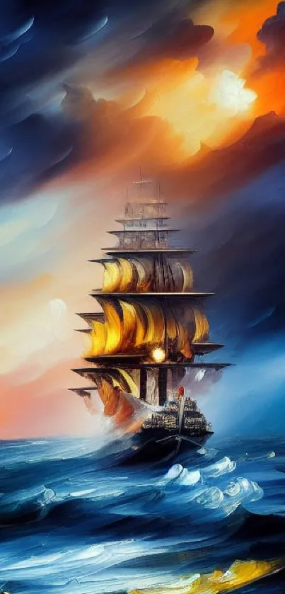 Majestic ship sailing under colorful sky and sea waves.