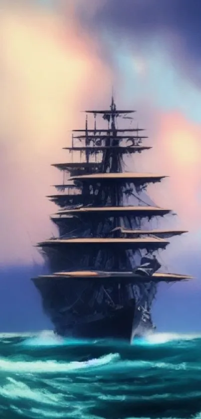 Majestic sailing ship on stormy ocean with cloudy sky background.