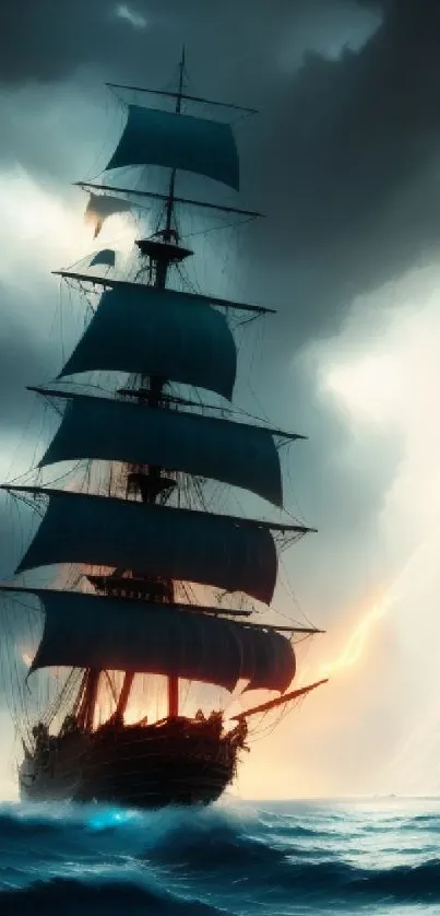 Majestic ship sails through stormy seas under dramatic skies.