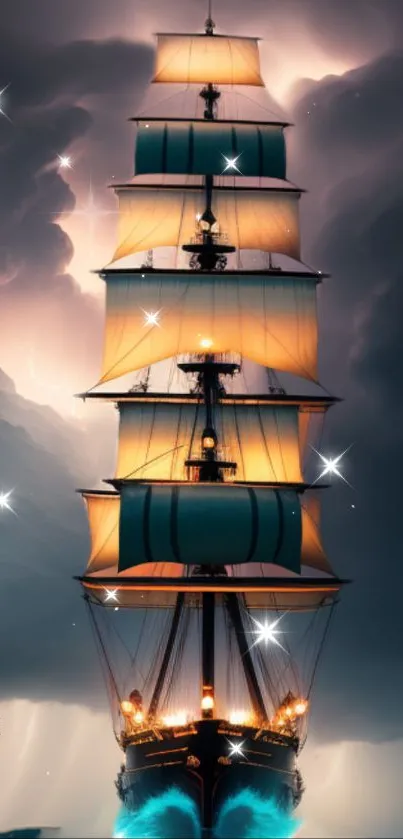 Majestic ship sailing under a starry night sky with mystical clouds.