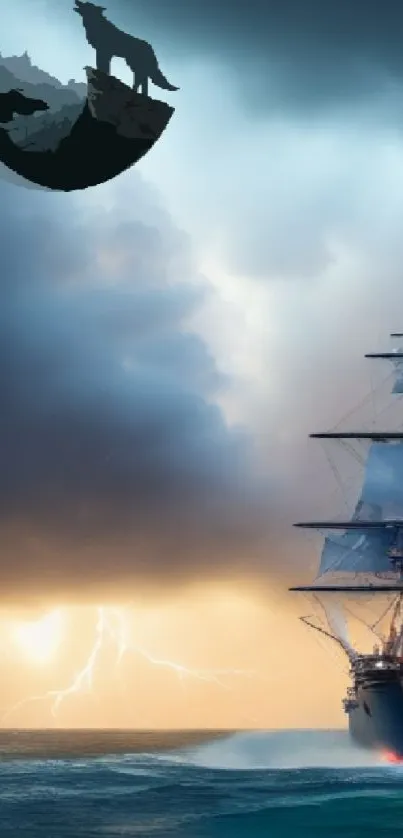 Majestic ship sailing under stormy skies with a wolf silhouette and lightning.