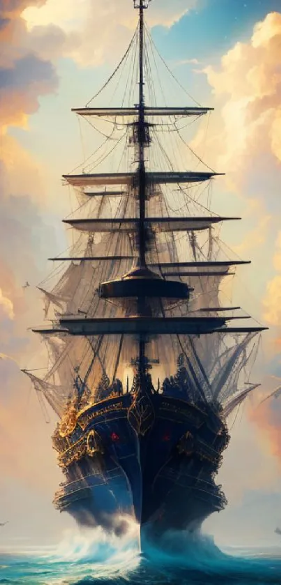 Majestic ship sails through the artistic ocean under vibrant skies.