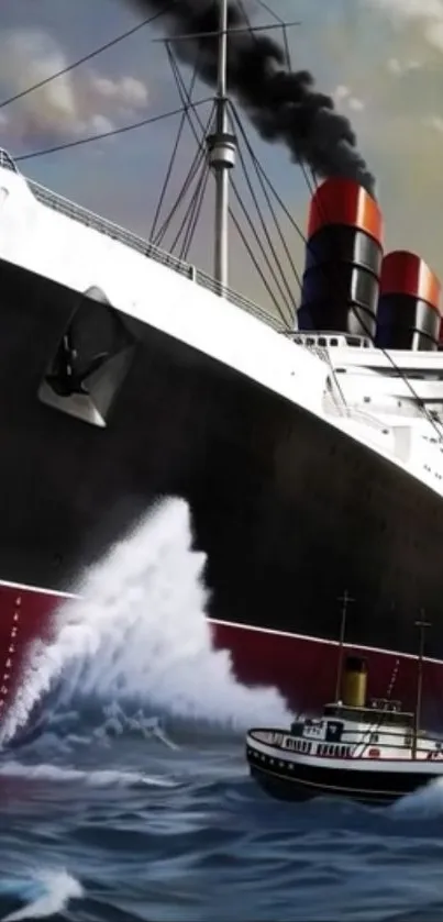 Majestic ship sailing through ocean waves with a smaller vessel nearby.