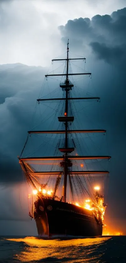 Majestic ship sailing under stormy skies with glowing lights on the ocean.