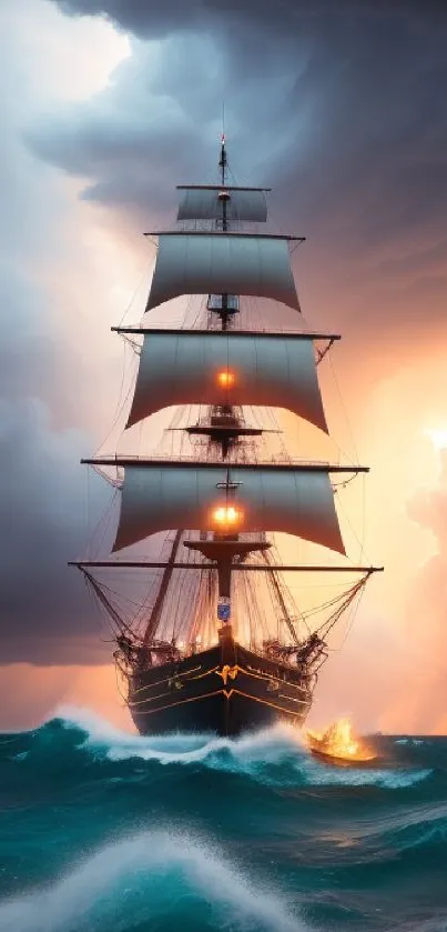 Majestic ship sailing through a stormy sea with vivid skies and powerful waves.