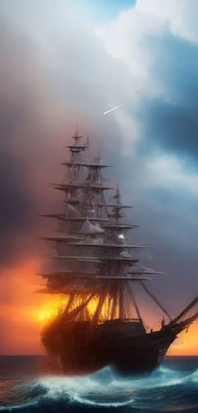 Majestic ship sails through a vibrant sunset over stormy seas.