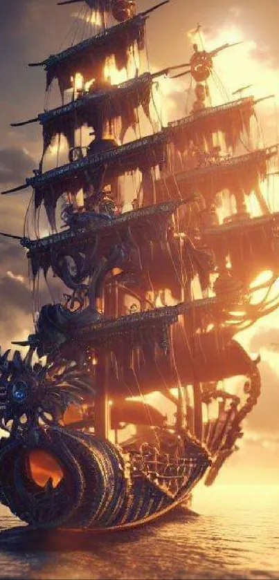 Majestic sailing ship illuminated by sunset.