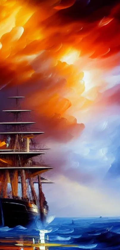 A majestic ship sails under a vibrant orange sunset in a mobile wallpaper.