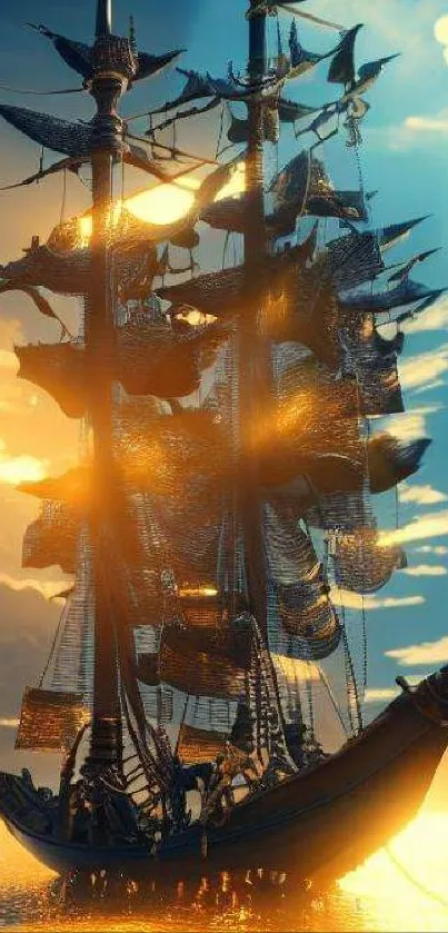 Majestic sailing ship illuminated by sunset on ocean waves.