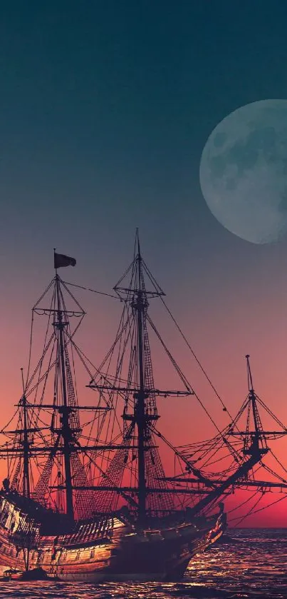 Sailing ship silhouette against sunset with moon.