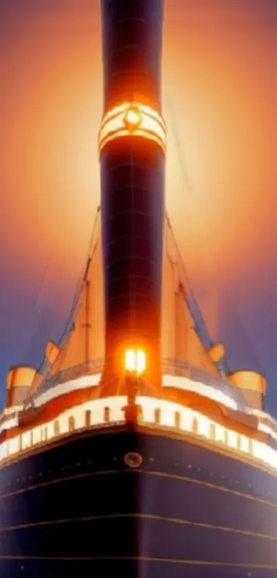 Majestic ship against a sunset sky, vibrant orange glow.