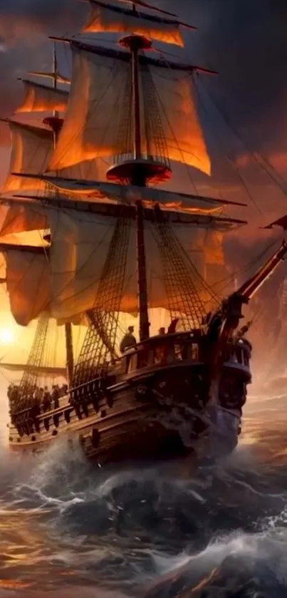 Majestic ship sailing at sunset with luminous ocean waves and dramatic skies.