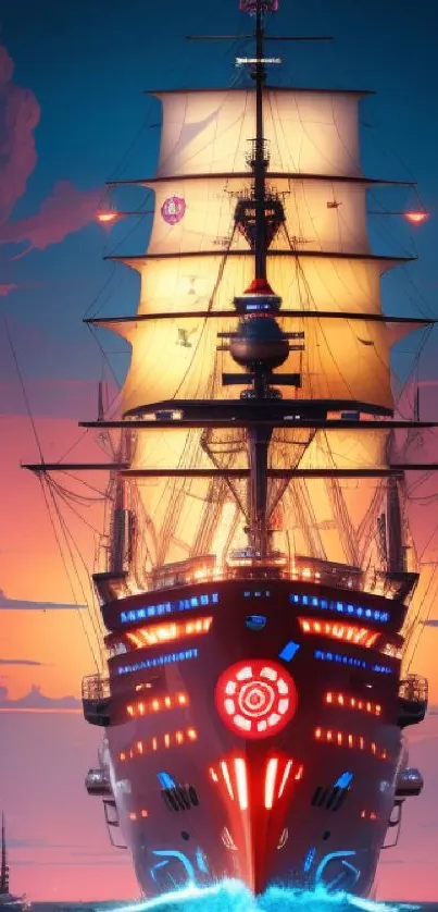 Majestic ship with glowing sails at sunset with vibrant sky and ocean.