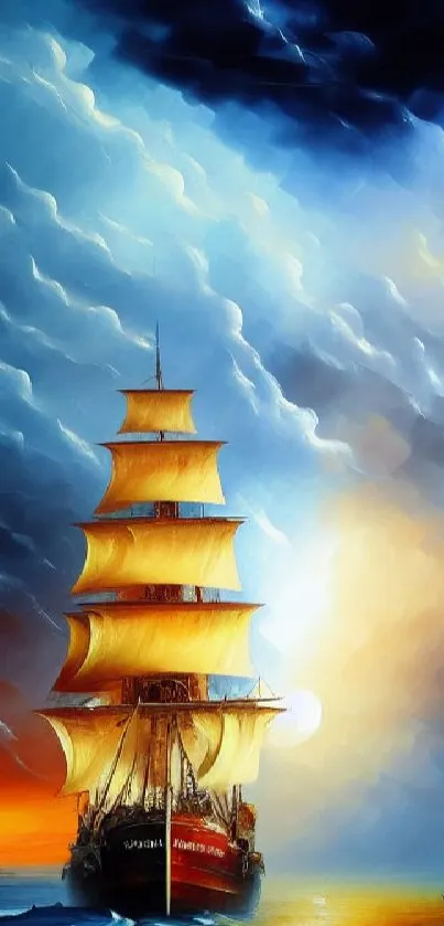 Majestic ship sails under a vibrant sunset sky.