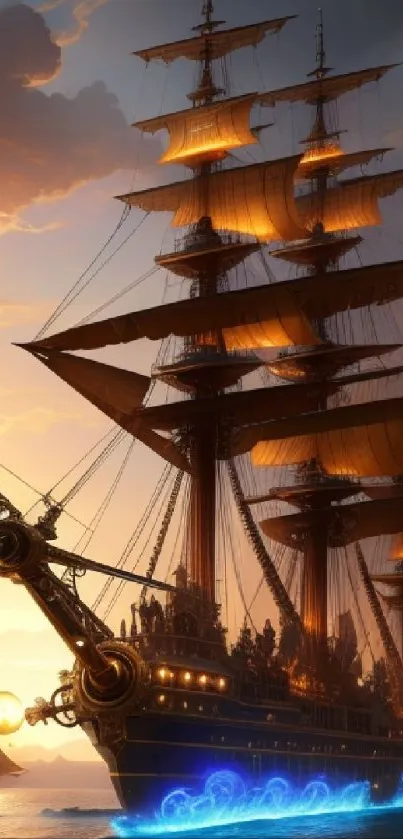 Majestic ship with glowing sails at sunset over the ocean.