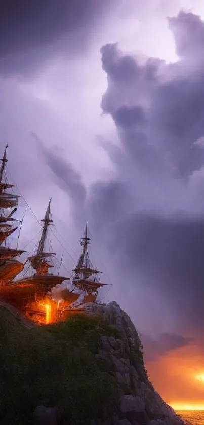 Glowing ship under dramatic twilight sky over ocean.