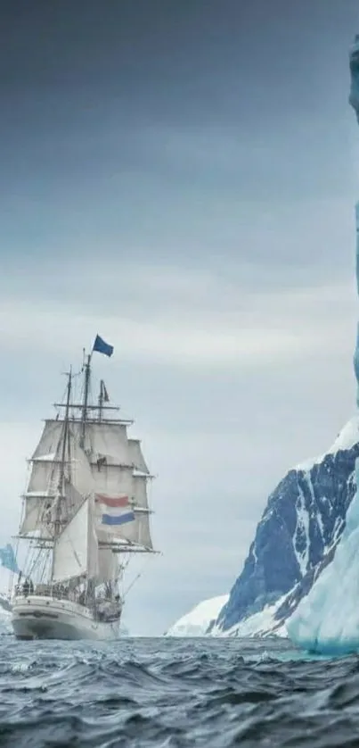 Majestic ship sailing near a giant iceberg on a calm ocean.