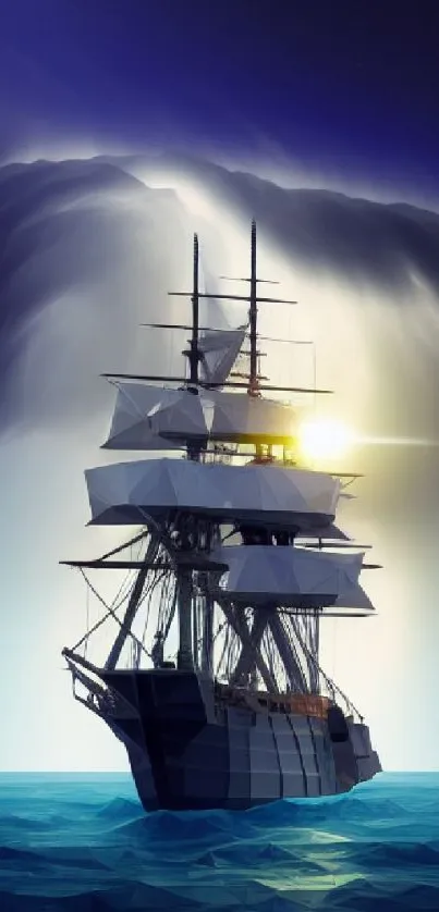 Majestic ship sails under a dramatic starlit sky in vibrant digital artwork.