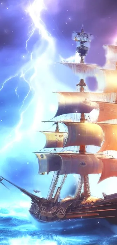 Majestic sailing ship amidst a storm with lightning and vivid blue hues.