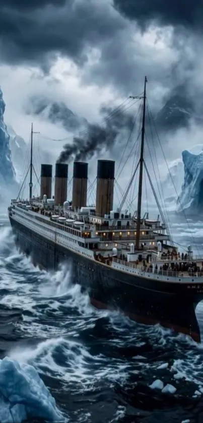 Majestic ocean liner in icy Arctic waters with towering icebergs.