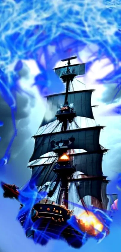 Majestic ship in blue aura with stormy sky background.