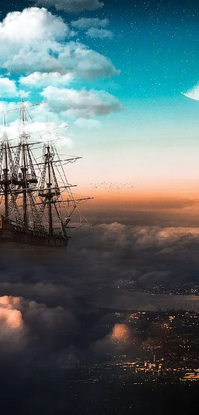 Vintage ship sails through moonlit, clouded sky.