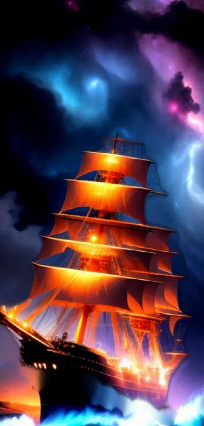 Majestic ship sailing through a vibrant cosmic storm, blending celestial colors.