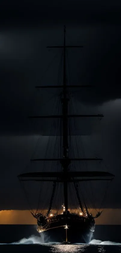 Majestic ship sailing in dark waters with dramatic sky.