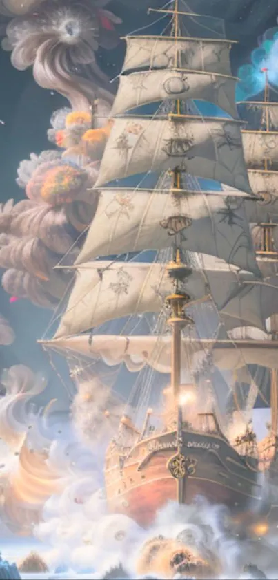 Majestic ship sailing through dreamy, cloud-filled skies.