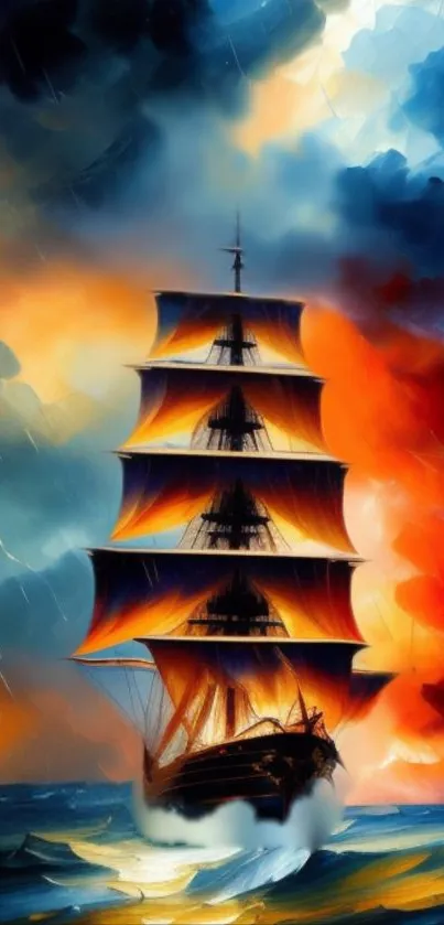 Majestic ship amidst vibrant fiery seas and dramatic skies.