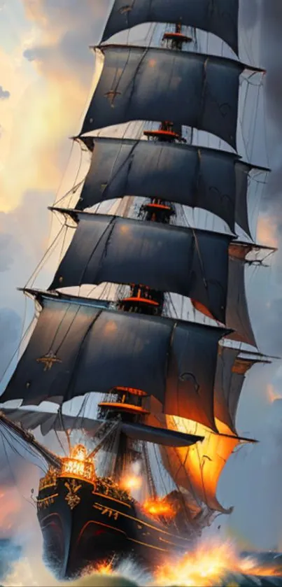 Majestic ship sailing under fiery, dramatic skies.