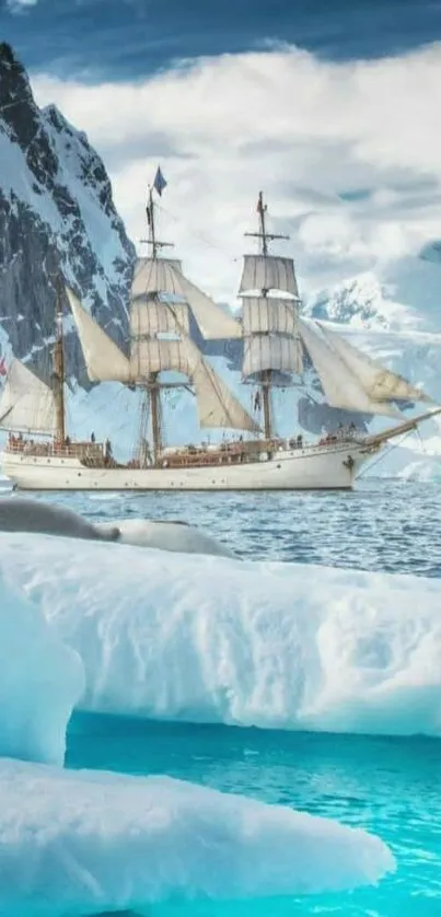 Majestic ship sailing through icy blue waters with snow-capped mountains.