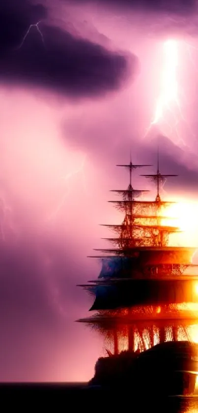 Majestic ship amid a lightning storm in a purple night sky.