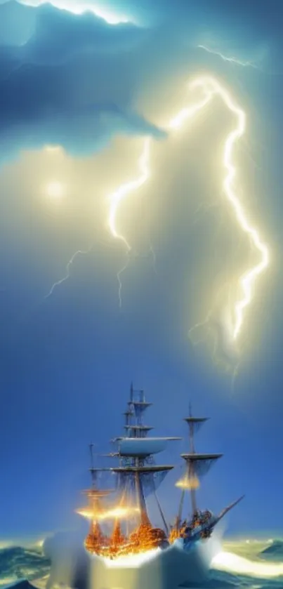 Ship battling storm with lightning in vibrant blue hues.