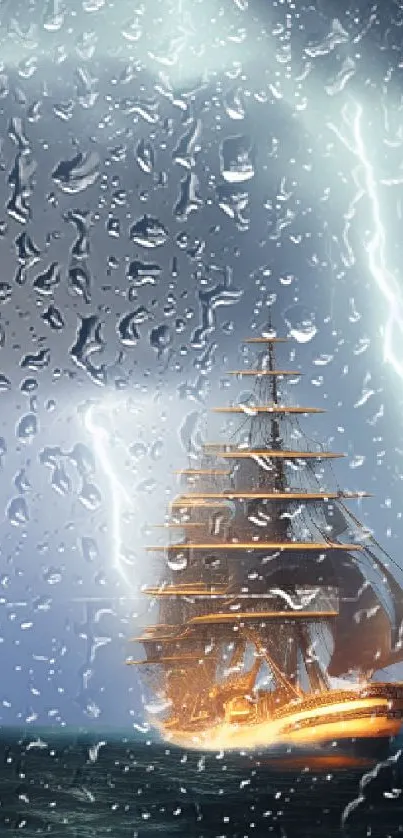 Majestic ship sailing through a storm with lightning and dark clouds.