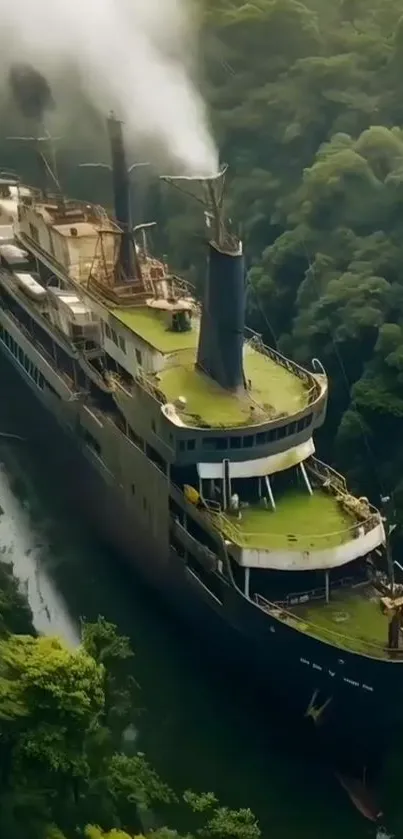 Wallpaper of a ship cruising through a lush jungle river.