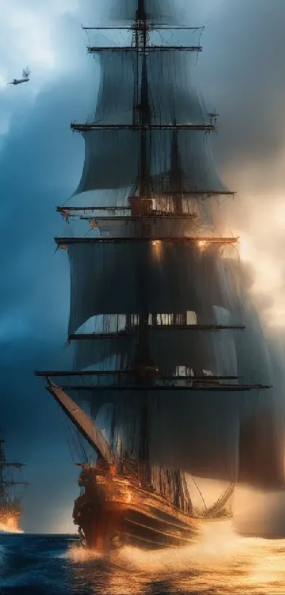 Majestic tall ship sails through a dramatic ocean sunset with glowing clouds.