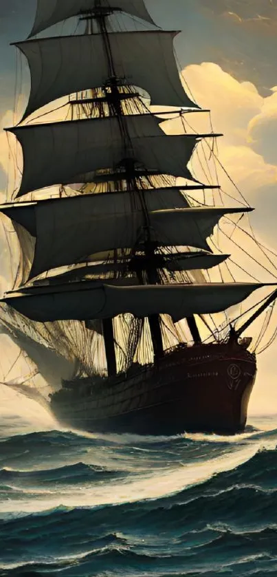 Majestic sailing ship against stormy ocean waves.