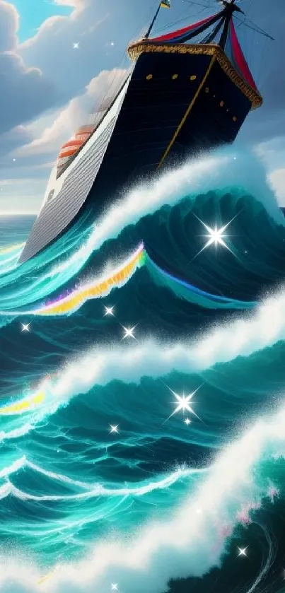 Majestic ship navigating towering teal waves.