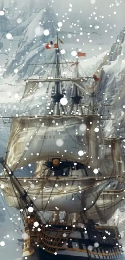 Majestic ship sailing through snowy mountains with falling snowflakes.