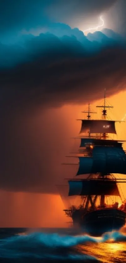 Majestic ship in a storm with lightning and dark ocean waves.