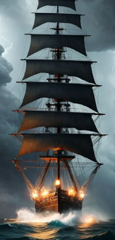 Majestic ship sailing through a stormy ocean with dramatic lightning in the background.