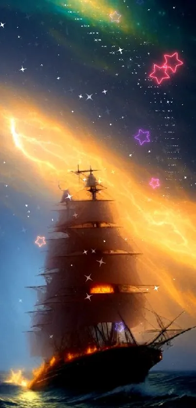 Majestic ship sails through a storm with stunning lightning display.