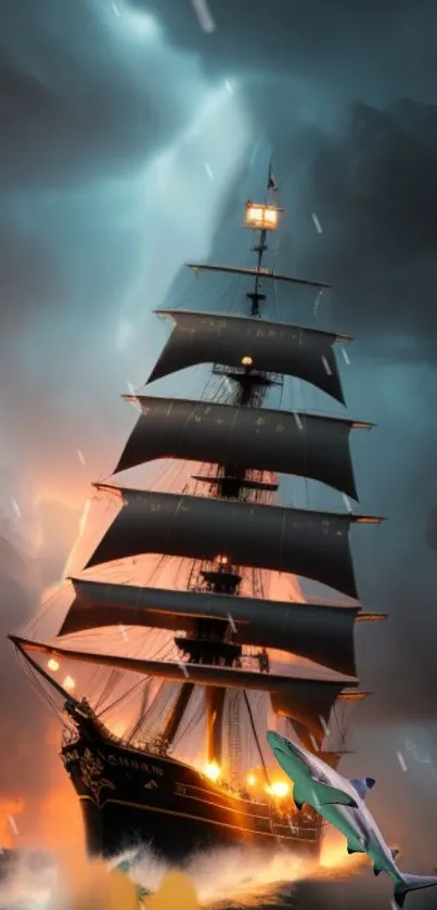 Majestic sailing ship braving a stormy ocean with dark clouds and lightning.