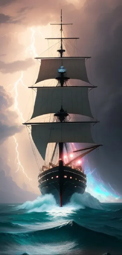 Majestic ship sailing through a storm with dramatic waves and lightning.