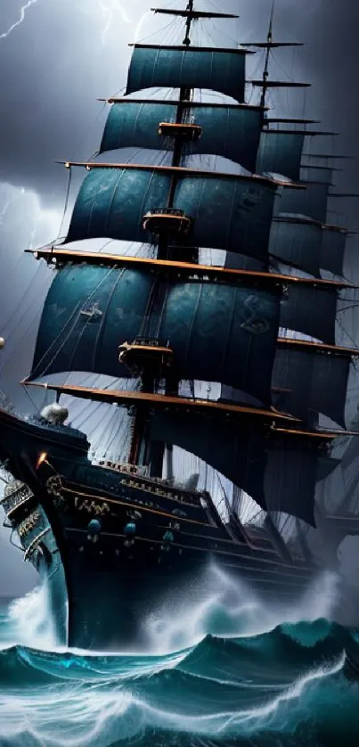 Tall ship sailing through a storm with lightning and waves.