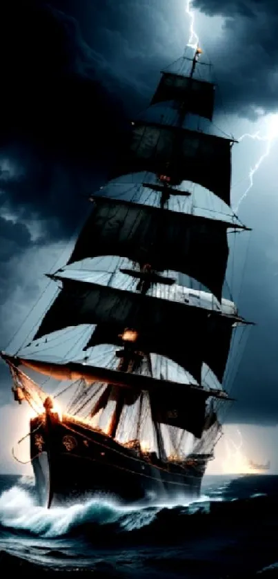 Majestic ship sails through a fierce storm with lightning illuminating the scene.