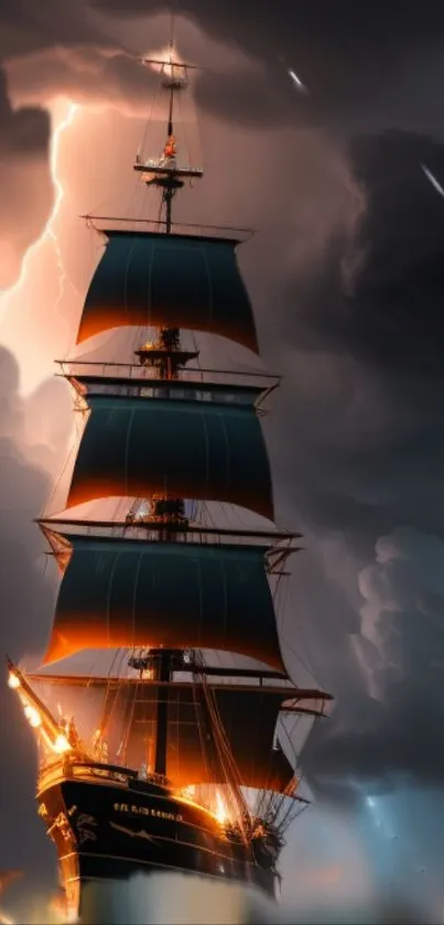 Majestic ship sailing through storm with lightning illuminating the sky.